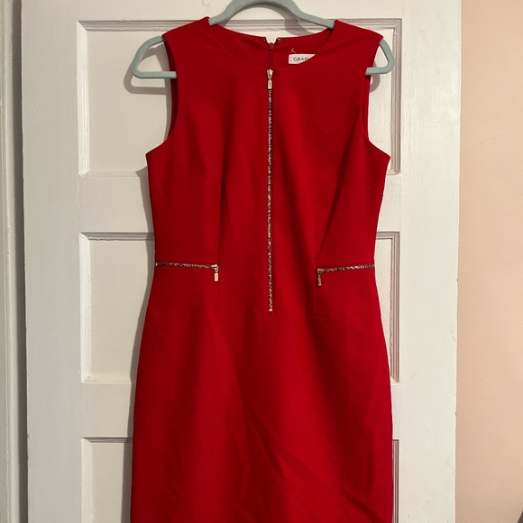 Calvin Klein Dresses & Skirts - NWOT Calvin Klein Red Sheath Dress with Gold Zippers